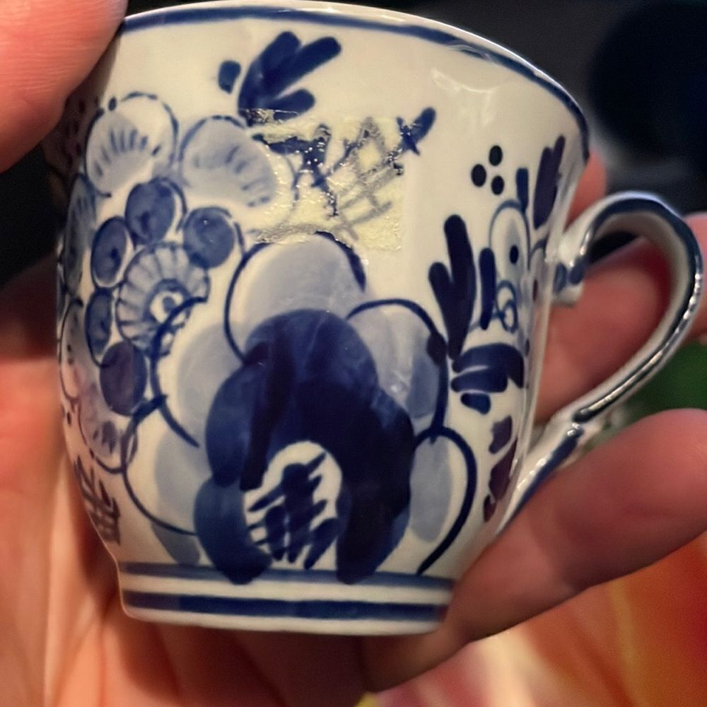 Rare Vintage Teacup Saucer Delft Blue Hand Painted Blue and White Flowers